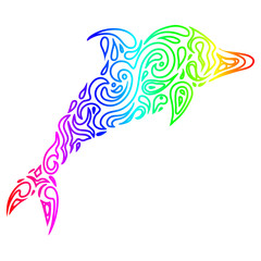 Silhouette of a dolphin in a tattoo style. Rainbow colors in whi