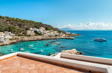 View of Levanzo Island, is the smallest of the three Aegadian islands in the Mediterranean sea of Sicily, Trapani, Italy