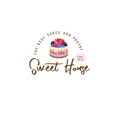 Sweet house logo. Cakes emblem. Bakery and cafe logo. A beautiful cake with strawberry, blueberry, dewberry, raspberry. Sign for bakery.