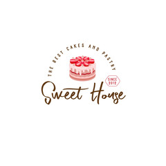 Sweet house logo. Cakes emblem. Bakery and cafe logo. A beautiful cake with strawberry. Sign or bakery.