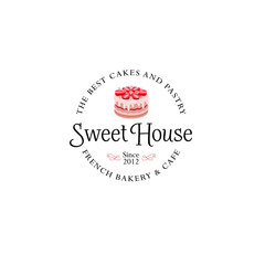 Sweet house logo. Cakes emblem. Bakery and cafe logo. A beautiful cake with strawberry sign.