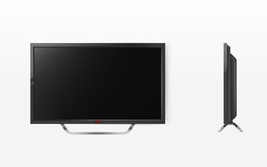 Vector lcd screen, mock up of plasma television, modern video system. HD tv digital technology. Black display in 3d realistic style isolated on white background