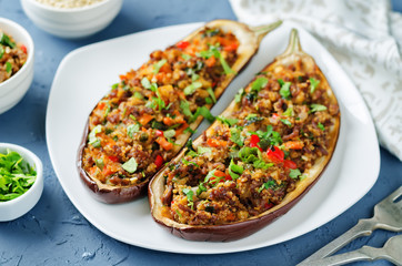 Minced meat quinoa vegetables stuffed eggplants