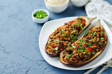 Minced meat quinoa vegetables stuffed eggplants