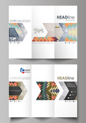 Tri-fold brochure business templates on both sides. Abstract vector layout in flat design. Tribal pattern, geometrical ornament in ethno syle, ethnic hipster backdrop, vintage fashion background.