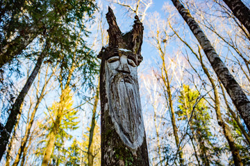 Slavic pagan idols on the forest temple. Veles