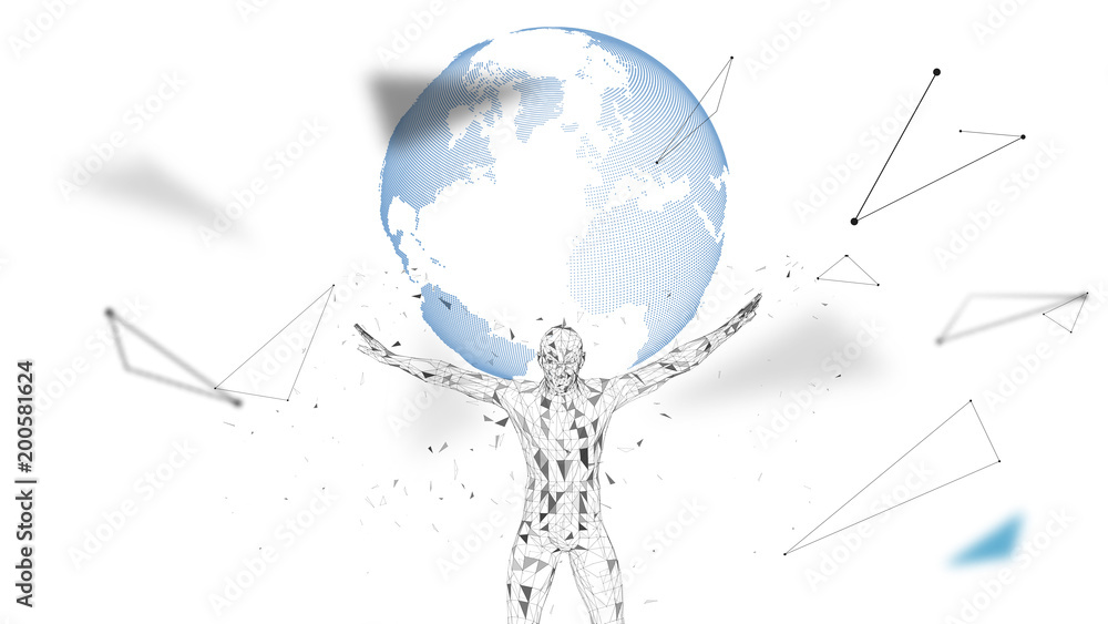 Poster conceptual abstract man with world globe. connected lines, dots, triangles, particles. artificial in