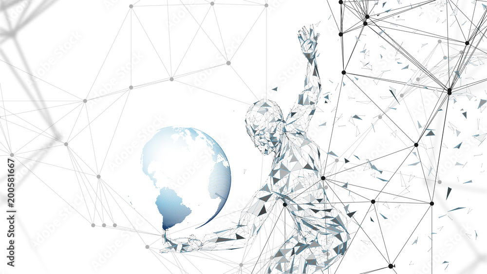 Poster conceptual abstract man with world globe. connected lines, dots, triangles, particles. artificial in