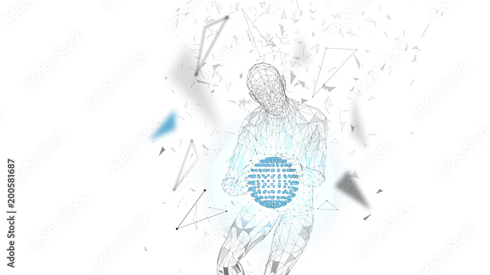 Poster conceptual abstract man with protective gesture. connected lines, dots, triangles, particles. cloud 