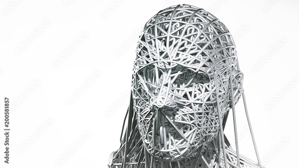 Poster 3d rendering of cyborg face on white background represent artificial intelligence. future science, m