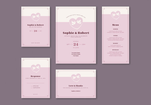Wedding Invitation Set with Two Doves in Pink Hearts