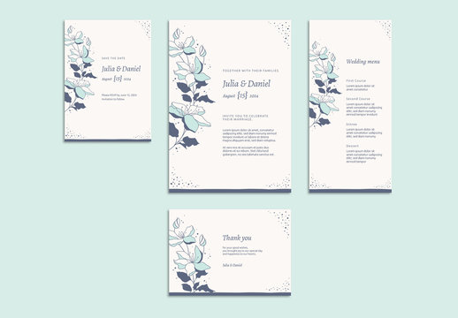 Floral Wedding Invitation Set with Light Blue and Gray Accents
