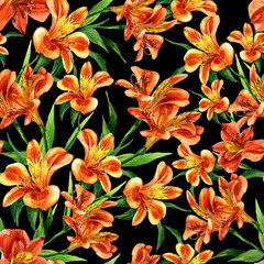 Seamless pattern of Alstroemeria painted in watercolor.