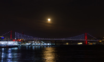 Fototapeta na wymiar Super Blue Blood Moon over Bosphorus Strait, Istanbul, Turkey