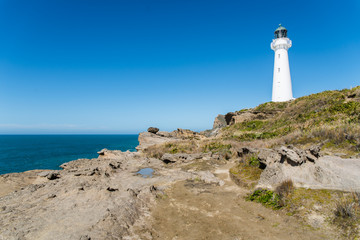Fototapeta na wymiar A lighthouse next to the ocean at Castle Point in New Zealand. 