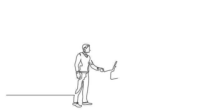 Self drawing animation of continuous line drawing of people meeting a new idea