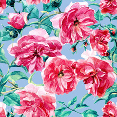 Seamless pattern of large roses painted in watercolor.