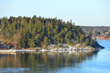 Fototapeta premium Stockholm archipelago, largest archipelago in Sweden, and second-largest archipelago in Baltic Sea. Archipelago extends from Stockholm roughly 60 kilometres (37 mi) to east. March