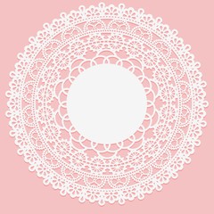 Openwork white napkin. Lace frame round element on pink background. - obrazy, fototapety, plakaty