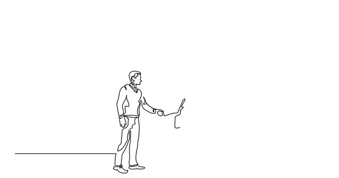 Self drawing animation of continuous line drawing of people meeting a new question