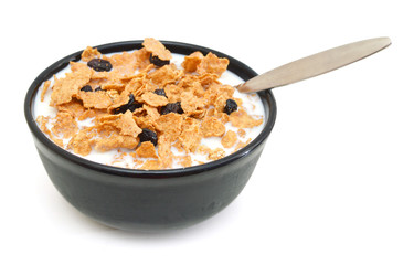 milk, bran and raisin cereal in a bowl on white - Powered by Adobe