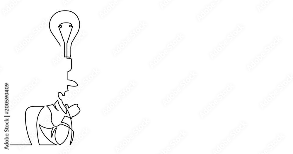 Poster self drawing animation of continuous line drawing of businessman working behind computer on idea