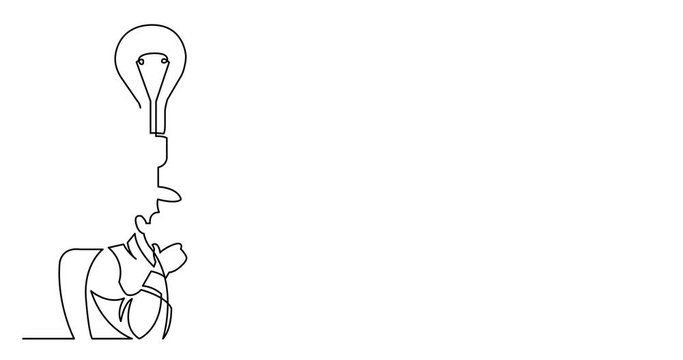 Self drawing animation of continuous line drawing of businessman working behind computer on idea