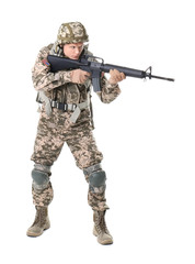 Male soldier with machine gun on white background. Military service