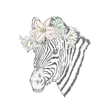 A zebra in a wreath of flowers. Vector illustration.