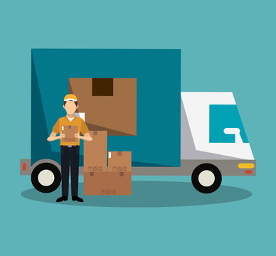 Courier holding box with truck vector illustration graphic design