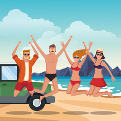 Young people at beach traveling with vehicle vector illustration graphic design