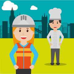 woman construction and chef people workers profession occupation vector illustration