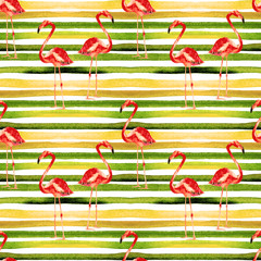 Summer Beach Background. Watercolor Seamless Pattern. Hand Painted Tropic Summer Motif with Flamingo and Stripe