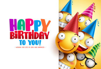 Smileys birthday vector greeting design with yellow funny and happy emotions wearing colorful party hats and happy birthday text in white empty background. Vector illustration.
