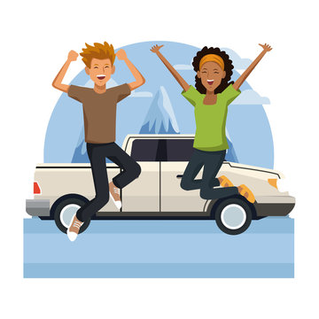 Young couple traveling with vehicle vector illustration graphic design