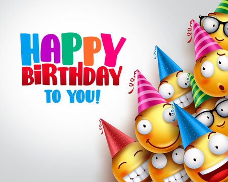 Birthday smileys vector background design with yellow funny and happy emoticons wearing colorful party hats and happy birthday text in empty white background. Vector illustration.
