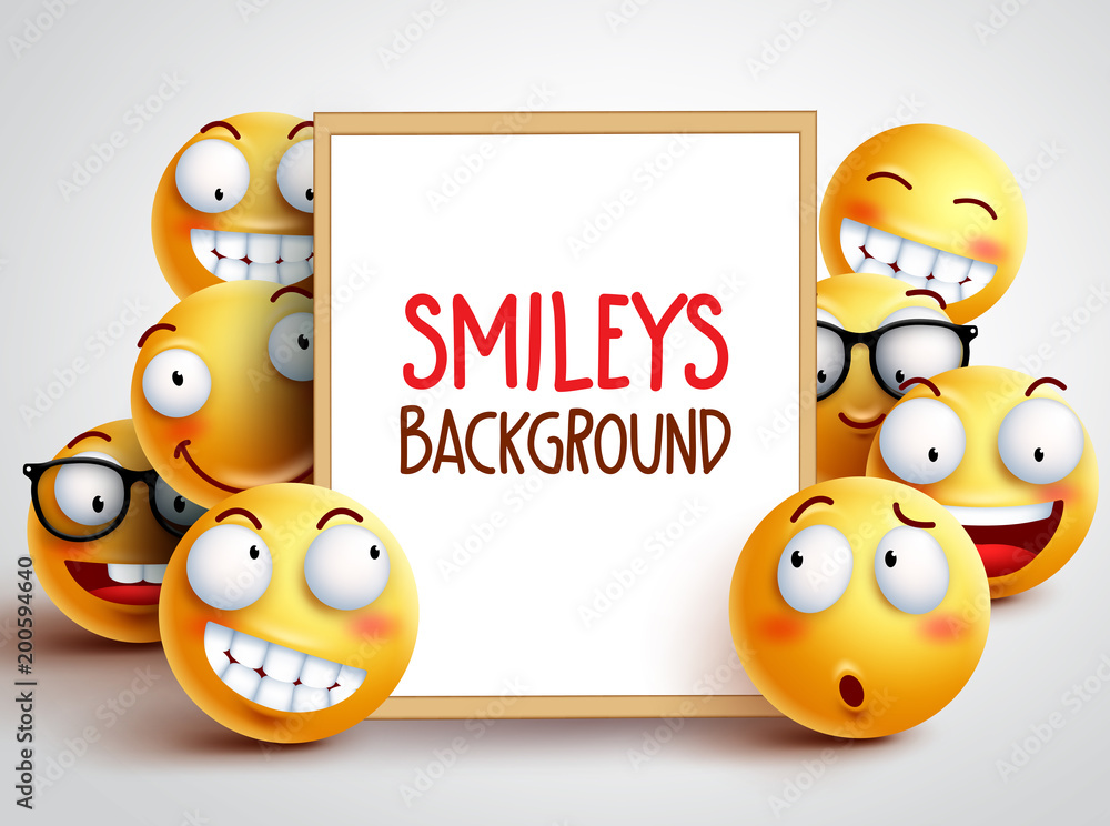 Poster smileys vector background. yellow emoticons with funny and happy facial expressions with empty white