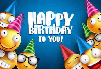 Birthday smileys vector greetings background design. Yellow emoticons or smileys with funny and happy facial expressions wearing colorful party hats in blue background for greetings card.
