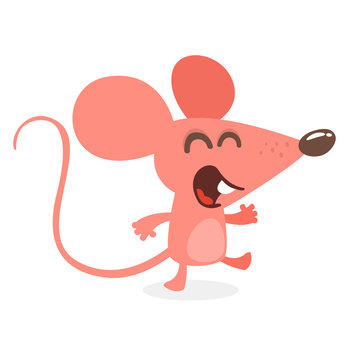 Cute cartoon mouse dancing and laughing. Vector illustration isolated