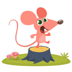 Happy cartoon pink mouse talking and standing on a tree stump in th meadow. Vector illustration isolated