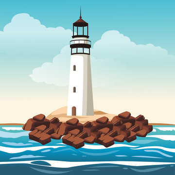 Lighthouse at landscape scenery vector illustration graphic design