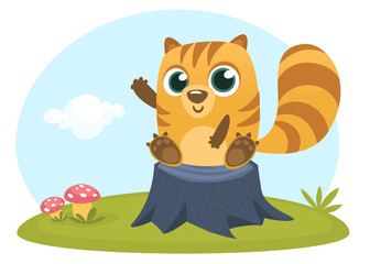 Obraz na płótnie Canvas Cartoon squirrel chipmunk. Forest animal vector illustration of chipmunk sitting on the wood stump