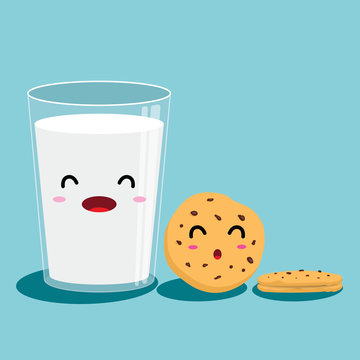 Glass of milk and chocolate chip cookies on blue background. Vector cartoon design.  Vector illustration.