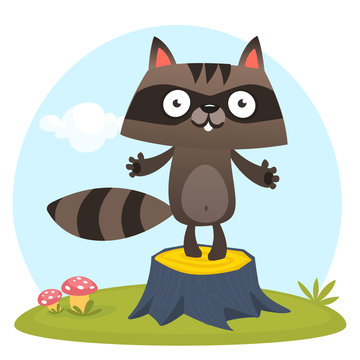  Cute cartoon  raccoon character standing on a tree stump in the meadow. Vector illustration