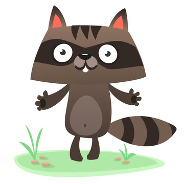 Funny excited cartoon raccoon standing on meadow background. Vector illustration