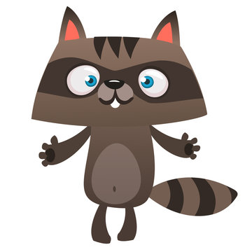 Funny cartoon raccoon giving a hug. Vector illustration of small raccoon character mascot isolated.  Design for print or children book illustration