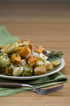 Brussel sprout, sweet potato and garlic salad