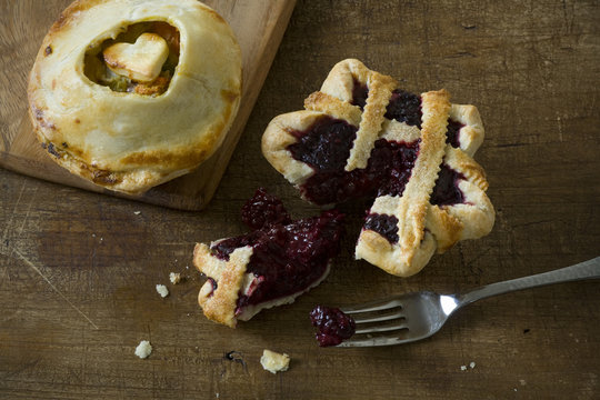 personal pies with blackberry and chicken pot pie