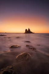 Fine art landscape of Benijo beach at sunset in Tenerife, Canary islands, Spain.