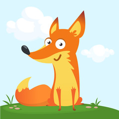 Obraz premium Cartoon cool little fox sitting on a meadow in summer season background with flower and mushrooms. Vector illustration isolated 